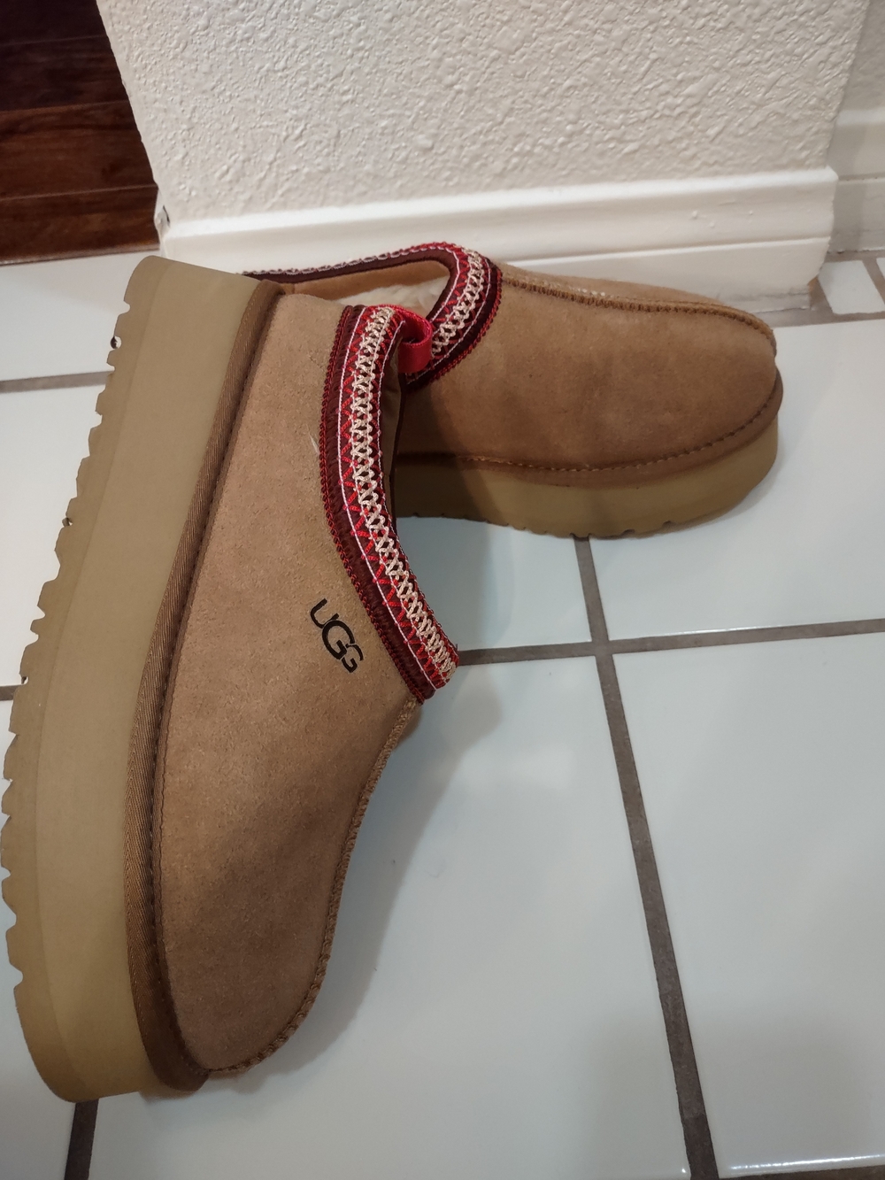 UGG Women Chestnut Suede Slip-On Mules with Red Trim